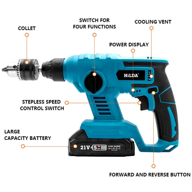 HILDA 12pcs /Set Li-Ion Power Hammer Electrical Impact Drill, Model: 1 Battery+1 Charger EU Plug
