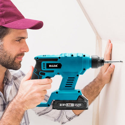 HILDA 12pcs /Set Li-Ion Power Hammer Electrical Impact Drill, Model: 1 Battery+1 Charger EU Plug