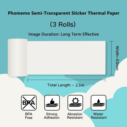 Phomemo 3 rouleaux / Paquet 50 mm Texte noir sur fond translucide, papier d'impression d'étiquettes sensibles auto-adhésives pour M02 / M02S / M02Pro / M03