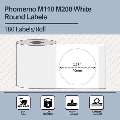 For Phomemo M110 / M200 180pcs /Roll 40x40mm Round Self-Adhesive Thermal Labels