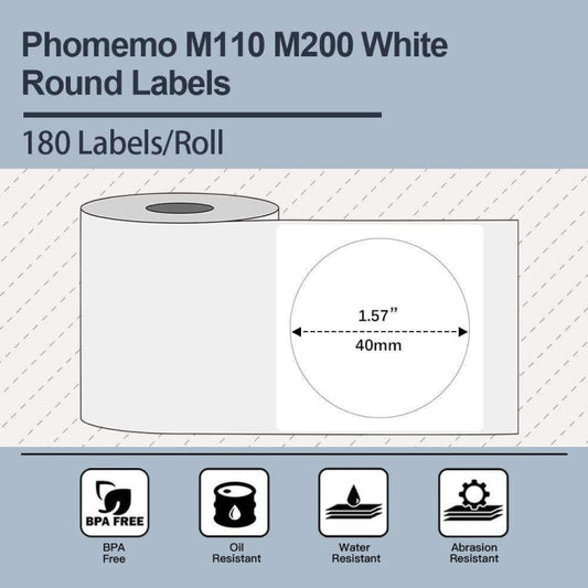 For Phomemo M110 / M200 180pcs /Roll 40x40mm Round Self-Adhesive Thermal Labels