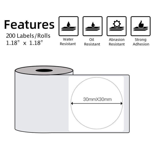 For Phomemo M110 / M200 200pcs /Roll 30x30mm Round Self-Adhesive Thermal Labels
