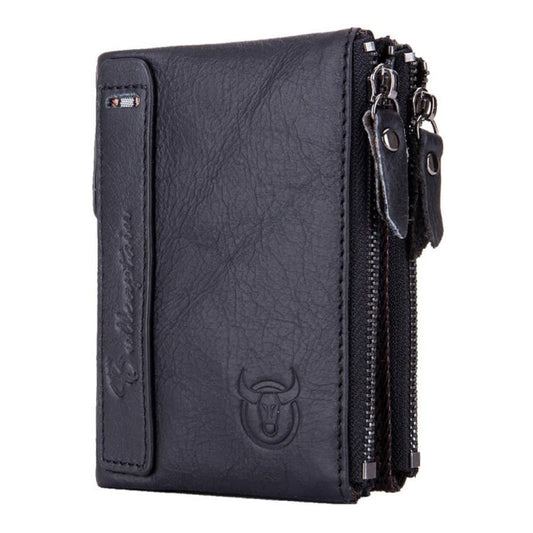 BULL CAPTAIN QB06 Retro First-layer Cowhide Anti-theft Zipper Wallet Short Drive License Coin Clip(Black)