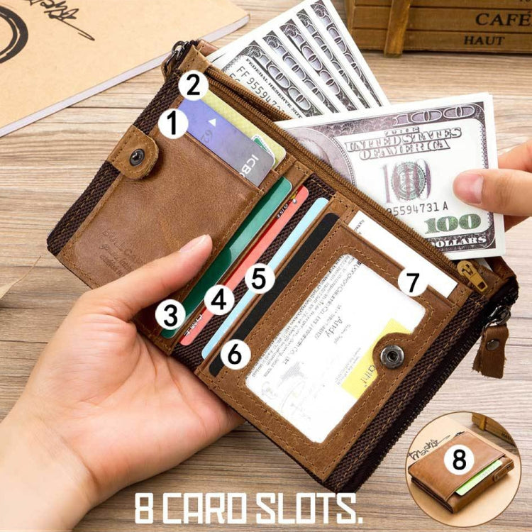 BULL CAPTAIN QB06 Retro First-layer Cowhide Anti-theft Zipper Wallet Short Drive License Coin Clip(Brown)
