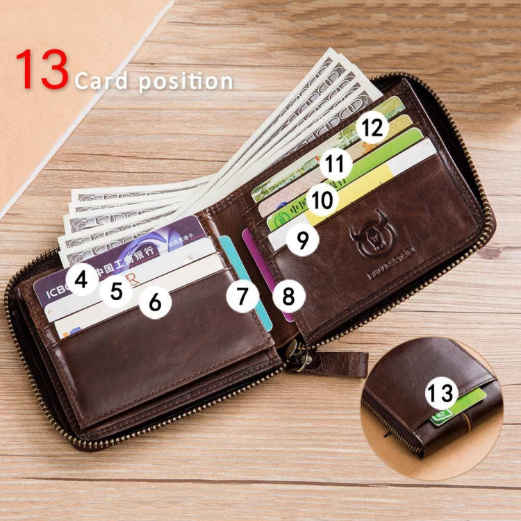 BULL CAPTAIN 042 RFID Antivol en cuir de vachette Porte-cartes multiples Porte-cartes de visite Portefeuille zippé (Café)