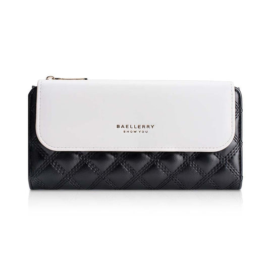 Baellerry N2403 Portefeuille long pour femme avec plusieurs fentes pour cartes, grande capacité, pochette à trois volets, couleur : noir et blanc