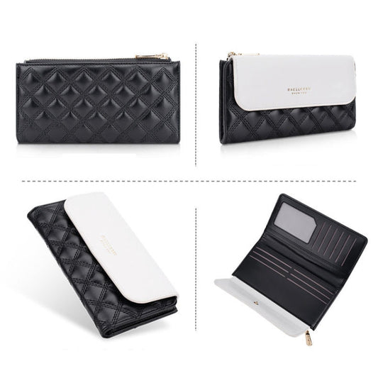 Baellerry N2403 Portefeuille long pour femme avec plusieurs fentes pour cartes, grande capacité, pochette à trois volets, couleur : noir et blanc