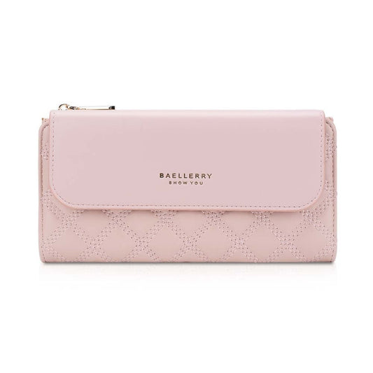 Baellerry N2403 Portefeuille long pour femme avec plusieurs fentes pour cartes Grande capacité Sac à main à trois volets, Couleur : Rose