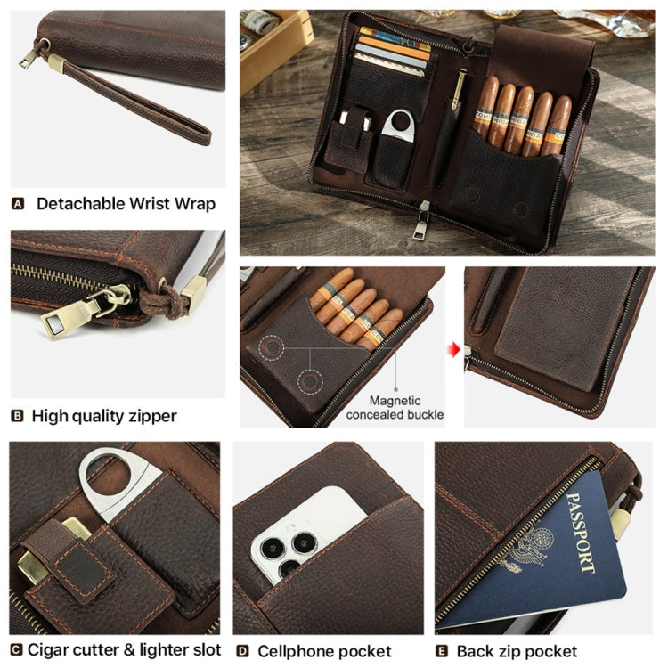 CONTACTS FAMILY CF5009 Genuine Leather Multifunctional Travel Convenient Cigar Box with Wrist Strap(Brown)