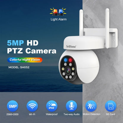 SriHome SH052 Caméra de Surveillance Extérieure PTZ IP Sans Fil 5MP AI Suivi Automatique Alarme Sonore et Lumineuse Vision Nocturne Couleur Starlight, Fiche : US