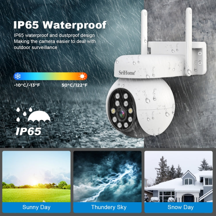 SriHome SH052 Caméra de surveillance extérieure Wifi 5MP sans fil PTZ IP AI avec suivi automatique, alarme sonore et lumineuse, vision nocturne couleur Starlight, Fiche : UK