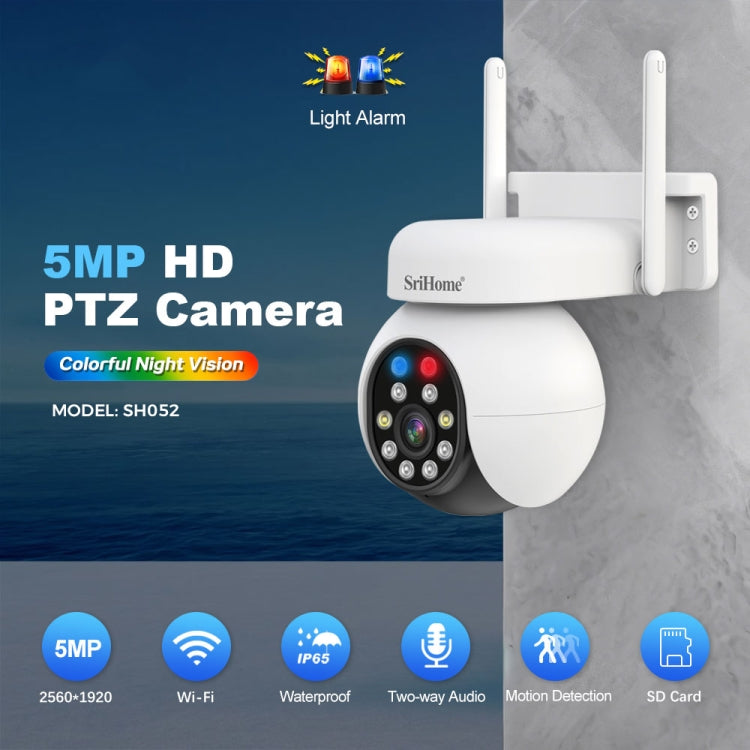 SriHome SH052 Wifi 5MP Wireless PTZ IP AI Auto Tracking Sound&Light Alarm Starlight Color Night Vision Outdoors Surveillance Camera, Plug: EU
