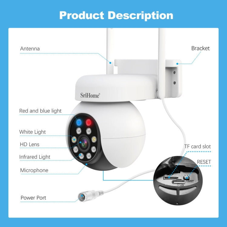 SriHome SH052 Caméra de Surveillance Extérieure PTZ IP Sans Fil 5MP AI Suivi Automatique Alarme Sonore et Lumineuse Vision Nocturne Couleur Starlight, Fiche : US