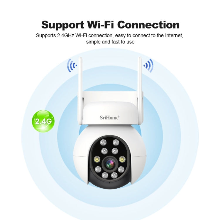 SriHome SH052 Caméra de Surveillance Extérieure PTZ IP Sans Fil 5MP AI Suivi Automatique Alarme Sonore et Lumineuse Vision Nocturne Couleur Starlight, Fiche : US