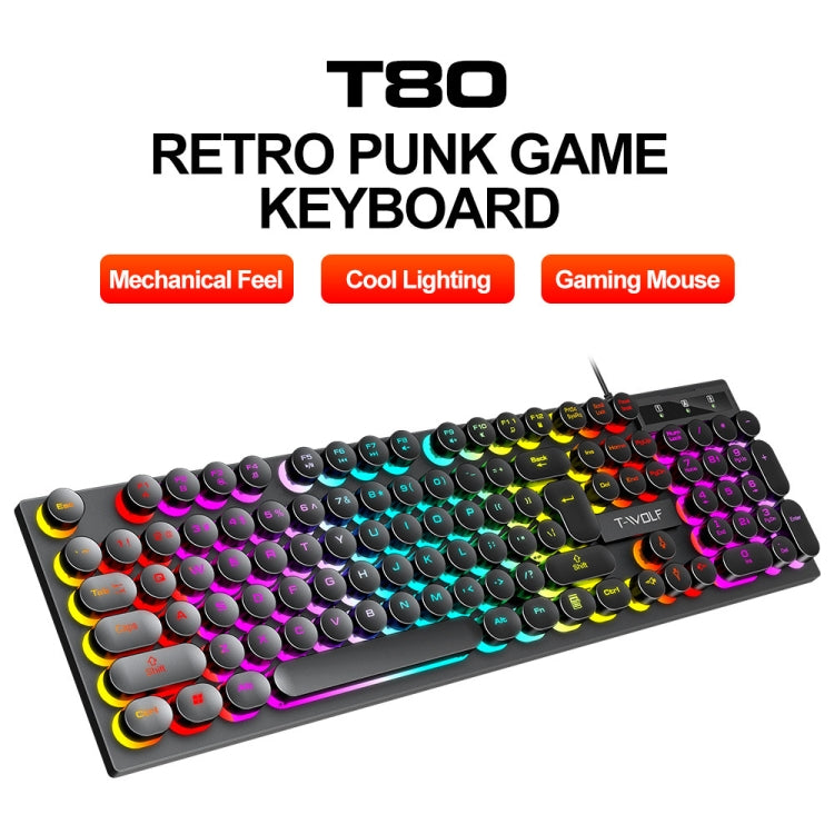 Clavier filaire rétro punk T-WOLF T80 104 touches RVB illuminé pour bureau et jeu, couleur : noir