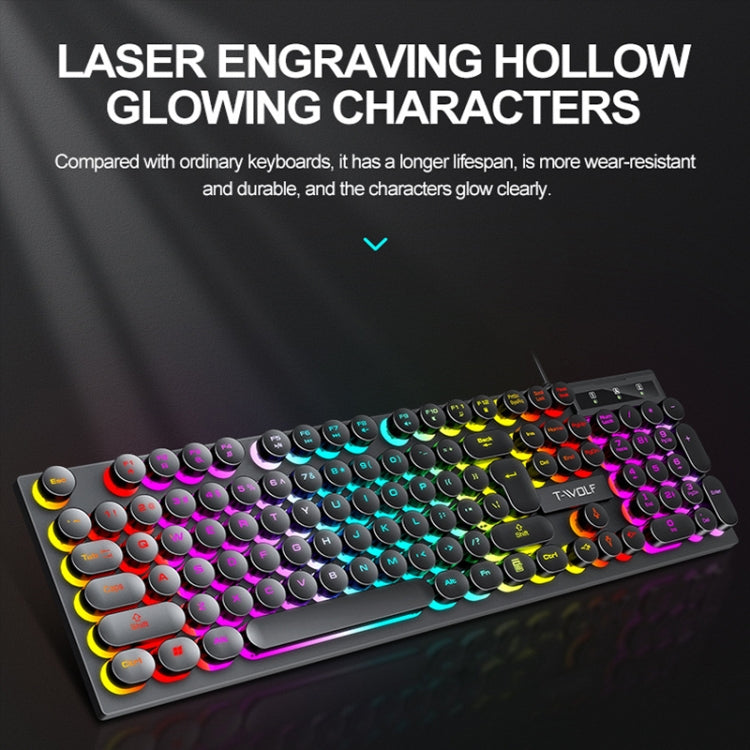 Clavier filaire rétro punk T-WOLF T80 104 touches RVB illuminé pour bureau et jeu, couleur : noir