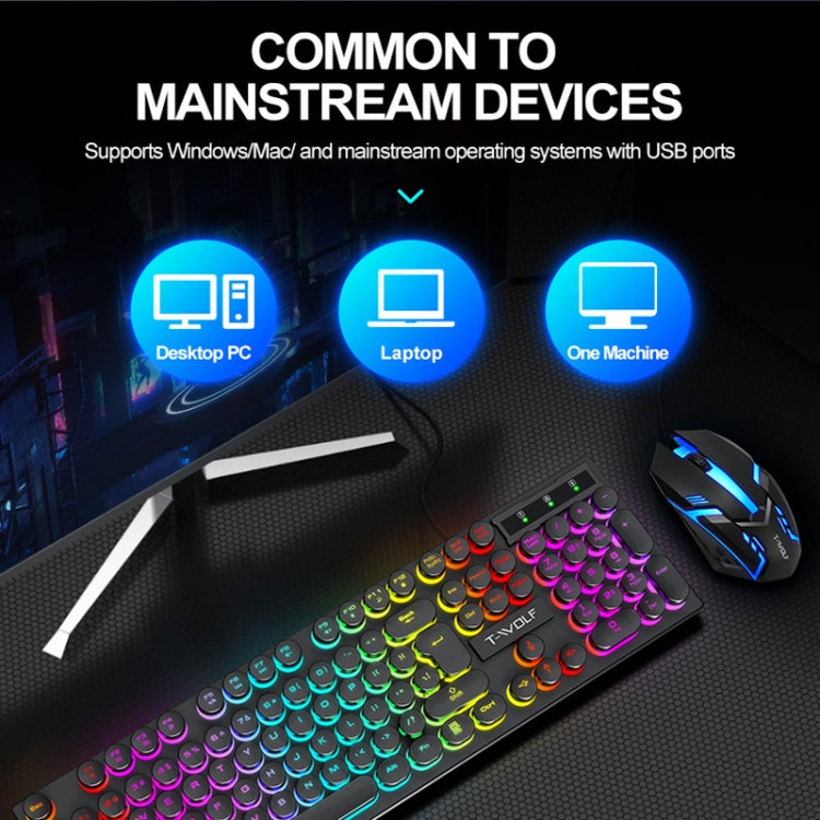 Clavier filaire rétro punk T-WOLF T80 104 touches RVB illuminé pour bureau et jeu, couleur : noir