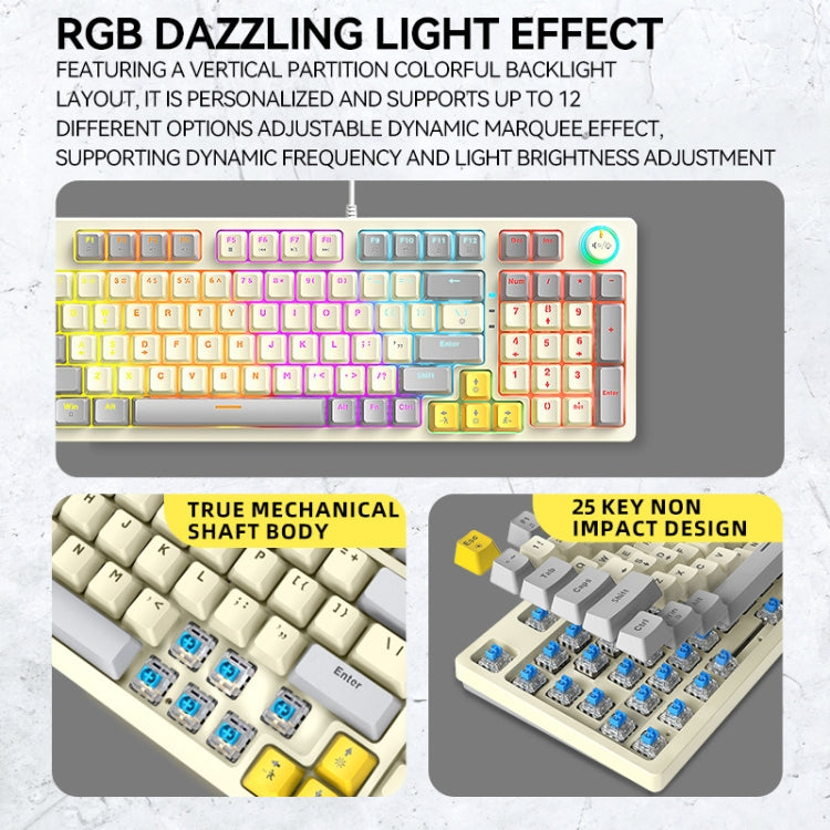 T-WOLF T50 97-keys RGB Luminous Color-Matching Game Mechanical Keyboard with Knob, Color: White B
