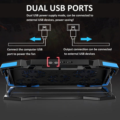 NUOXI 5 Fans Laptop Radiator Bracket Height Adjustable with Dual USB Ports(Black and Red)