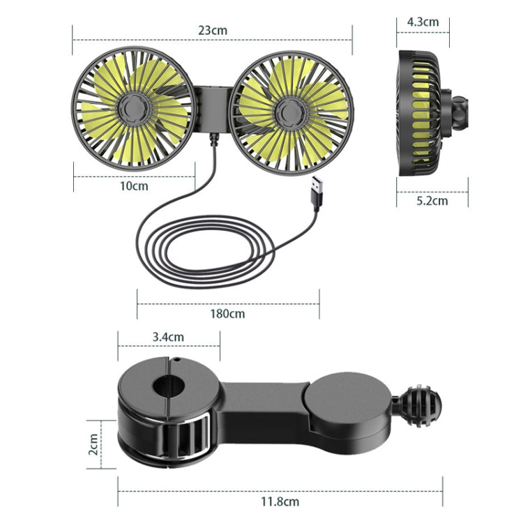 SUITU F4208 Ventilateur de refroidissement de voiture Siège arrière de véhicule USB Double tête Ventilateur électrique (jaune et noir)