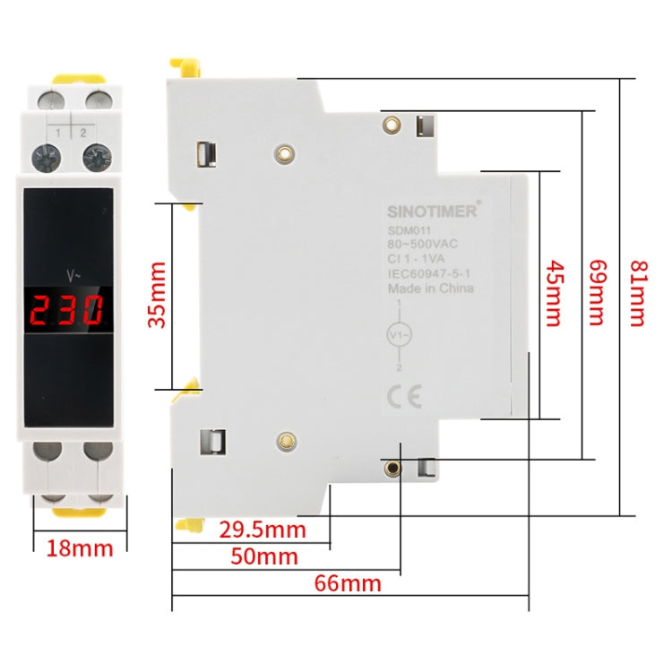 Voltmètre numérique monophasé CA modulaire type rail DIN SINOTIMER SDM011 Instrumentation électronique
