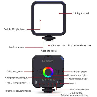 Desiontal W70 Full Color RGB Live Fill Light Portable Small Pocket Light Ambient Photo Handheld Photography Lighting