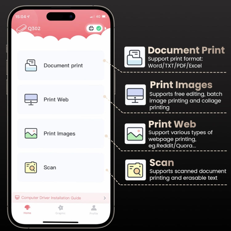 Phomemo Q302 Imprimante Thermique Sans Fil Wifi Bluetooth 300 dpi Support Papier Thermique Multi-Tailles