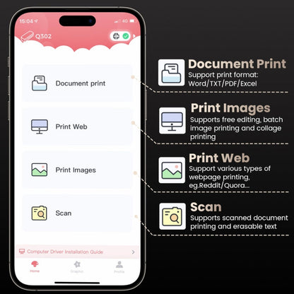 Phomemo Q302 Imprimante Thermique Sans Fil Wifi Bluetooth 300 dpi Support Papier Thermique Multi-Tailles