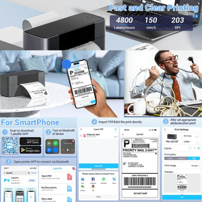 Phomemo PM245-BT Imprimante d'étiquettes d'expédition Bluetooth prenant en charge une largeur d'étiquettes de 1 à 4,6 pouces (prise UE)