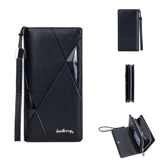 Baellerry S1240 Portefeuille long zippé motif litchi décontracté pour affaires, sac pochette multi-cartes (noir)