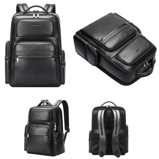 Bopai 61-98611 Large-capacity Waterproof First-layer Cowhide Laptop Backpack With USB+Type-C Port(Black)