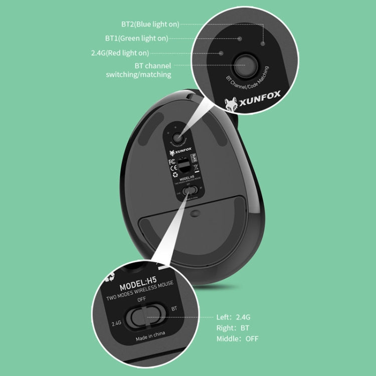 XUNSVFOX H5 Upright Vertical Dual Mode Mouse Rechargeable Wireless Business Office Mouse(Black)