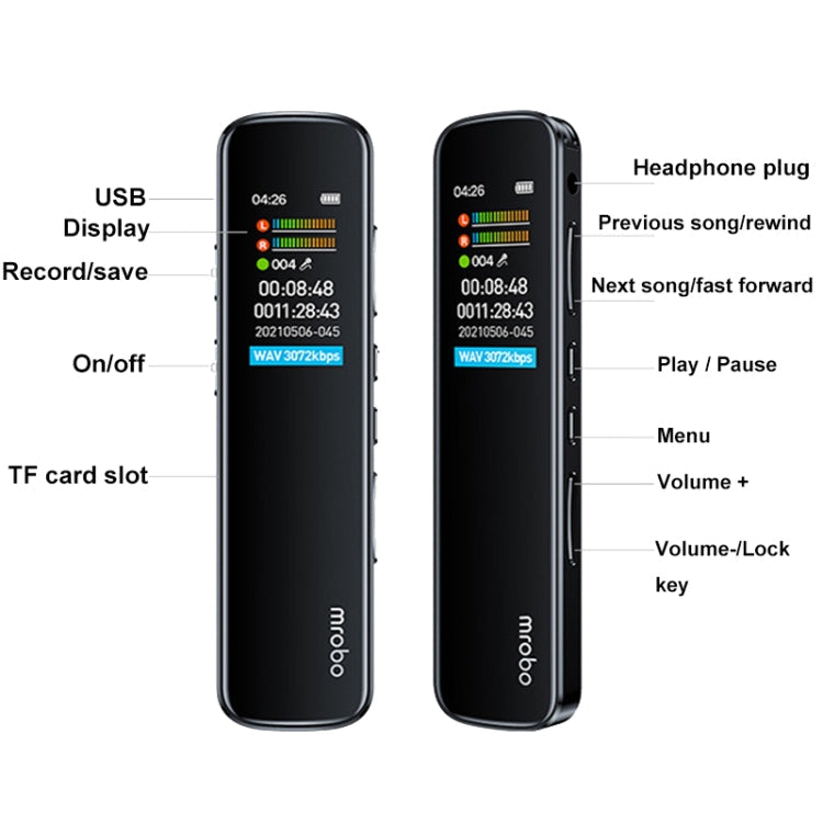 Mrobo RV-19 Lecteur de musique avec stylo d'enregistrement à réduction de bruit 3D et écran HD de 0,96 pouce, Capacité : 16 Go (Noir)