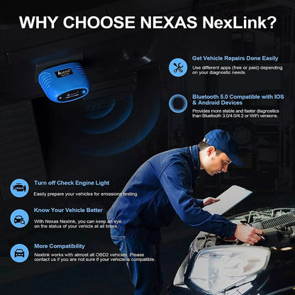 Scanner de diagnostic OBD2 Nexas Bluetooth 5.0 pour IOS/Android