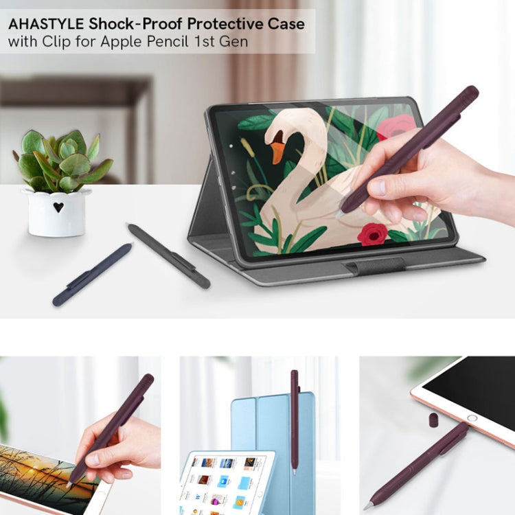 For Apple Pencil 1 AhaStyle PT141 Triple Defense Pen Clip Silicone Protective Case(Wine Red)