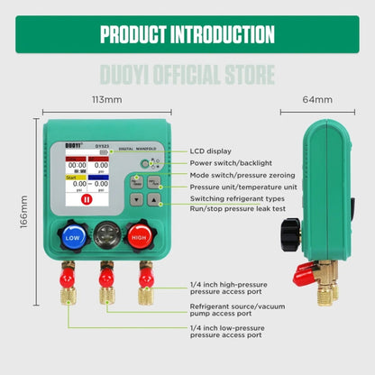 2pcs / Set DUOYI DY523 Automotive Vacuum Pressure Gauge Liquid Charge Fluorine Repair Electronic Refrigerant Meter