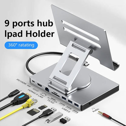 Blueendless 4K/60Hz Multifunctional Folding Tablet Type-C Docking Station Bracket, Spec: 9-in-1 Rotating