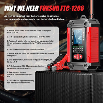 FOXSUR Cars Motorcycles 12V Lithium Cattery Charger With Battery Detection(EU Plug)
