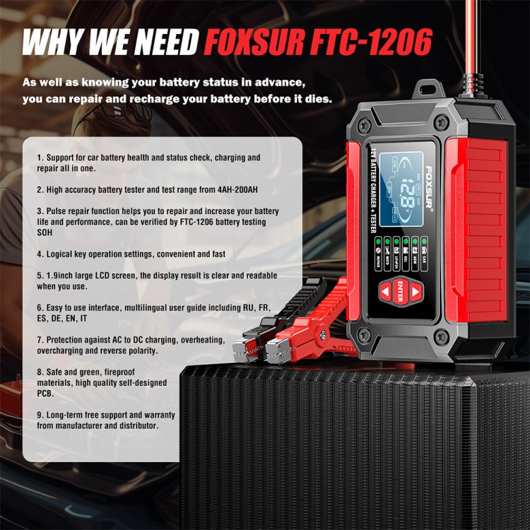 FOXSUR Cars Motorcycles 12V Lithium Cattery Charger With Battery Detection(UK Plug)