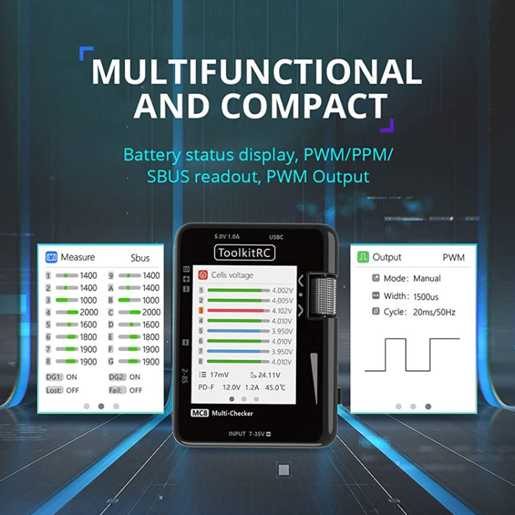 ToolkitRC MC8 Détecteur d'alimentation multifonctionnel avec affichage et chargeur PD (noir)