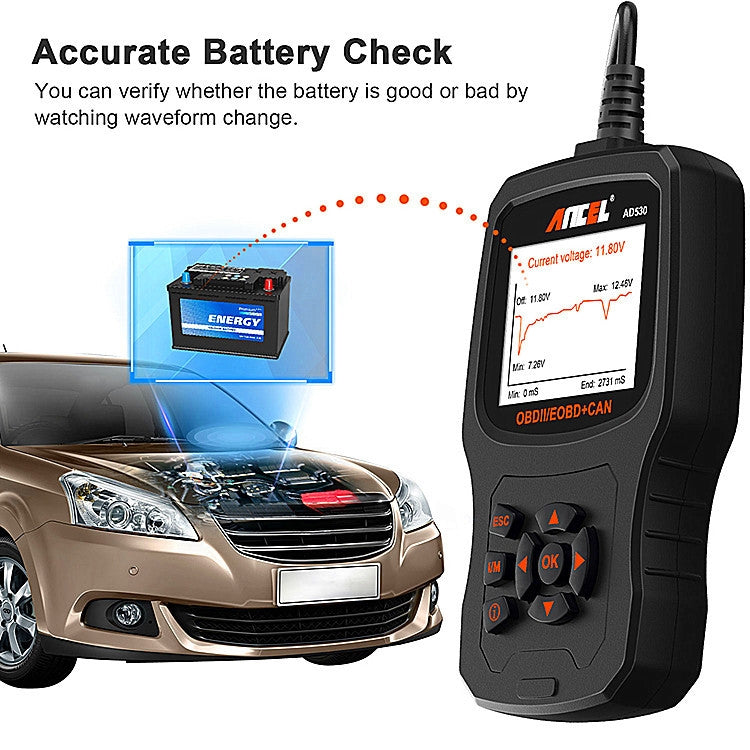 Testeur de Moteur de Voiture OBD2 ANCEL AD530 avec Écran de 2,8 Pouces, Outil de Test de Batterie de Voiture