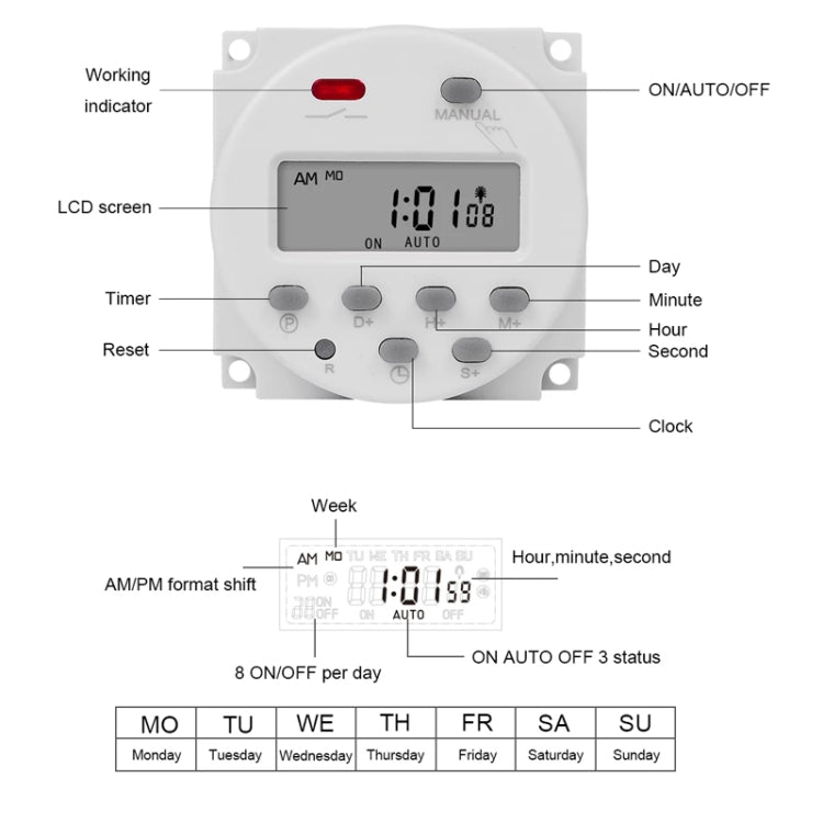 SINOTIMER CN101S-4 12V 1 Second Interval Digital LCD Timer Switch 7 Days Weekly Programmable Time Relay
