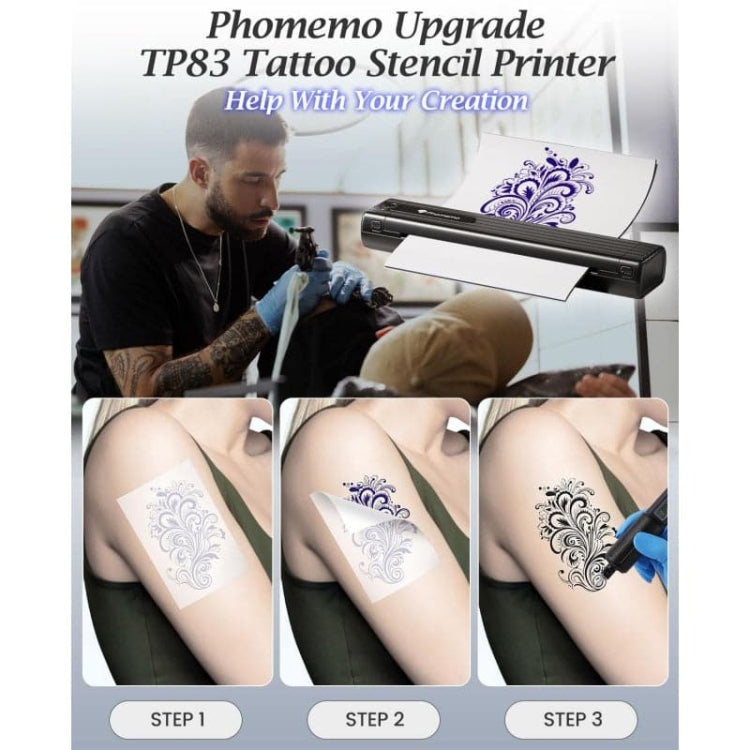 Imprimante de pochoirs de tatouage sans fil Phomemo TP83-BK avec 10 feuilles de papier de transfert (noir)
