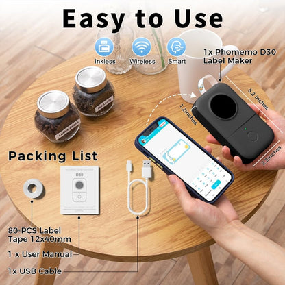Imprimante d'étiquettes thermique portable Phomemo D30 Bluetooth Mini machine à étiquettes avec 5 rouleaux de papier Blanc