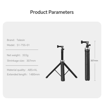 TELESIN 360 Degree Rotation 1.5m Selfie Stick Foldable Tripod For GoPro Hero / Insta360 /  DJI Osmo Action(Black)