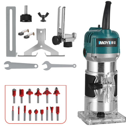 MOYI Aluminum Body Multifunctional Small Electric Woodworking Carving Slotting Trimming Machine, Specifications: 15 Milling Cutters US Plug