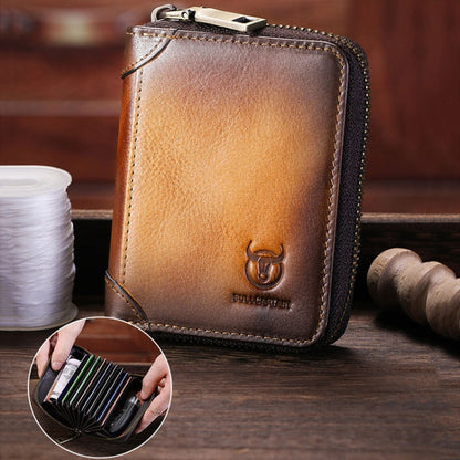 BULL CAPTAIN 475 RFID Anti-Theft Zipper Top-Layer Cowhide Multi-Card Slot Card Holder Wallet(Coffee)