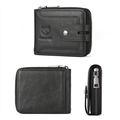 BULL CAPTAIN 232 Portefeuille Homme Zippé Antivol RFID en Cuir de Vachette Vintage Porte-Cartes de Visite (Noir)
