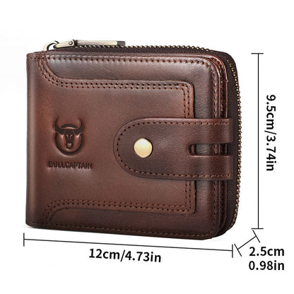 BULL CAPTAIN 232 Portefeuille Homme Zippé Antivol RFID en Peau de Vache Porte-Cartes de Visite Vintage (Café)