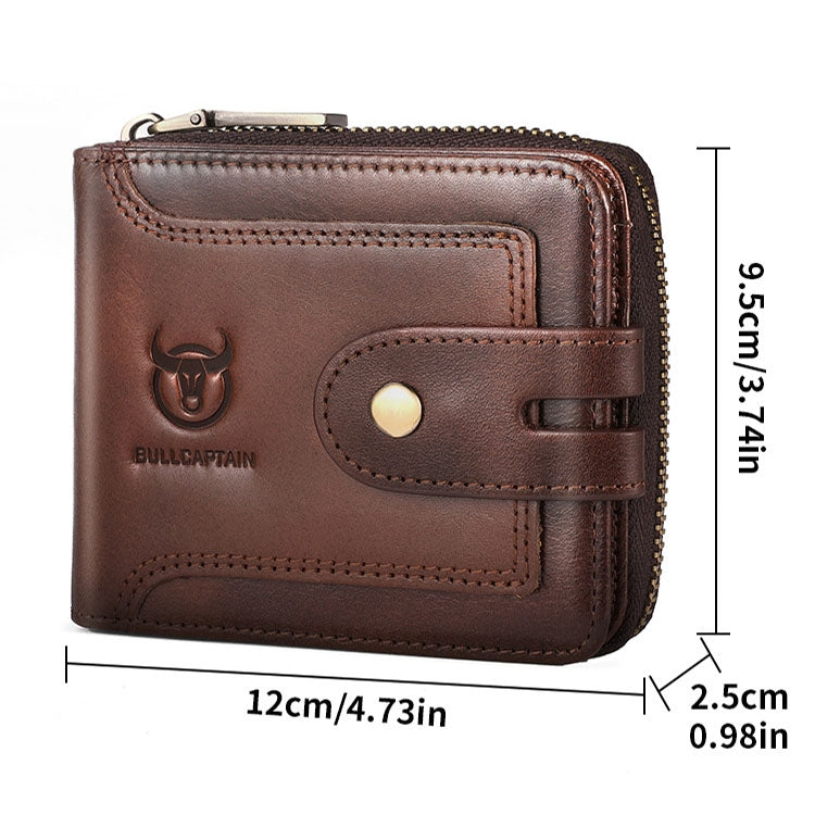 BULL CAPTAIN 232 Portefeuille Homme Zippé Antivol RFID en Cuir de Vachette Vintage Porte-Cartes de Visite (Noir)